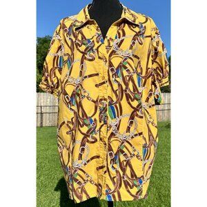AVENUE Button Up Top Plus 26 Yellow Equestrian Print Short Sleeve Collared Shirt